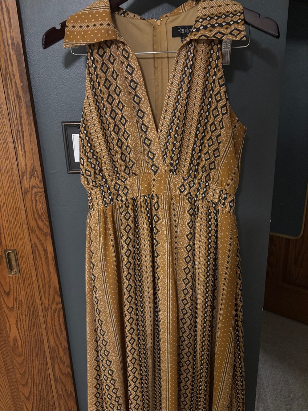 Papillon Blanc Mustard and Black Patterned Maxi Dress